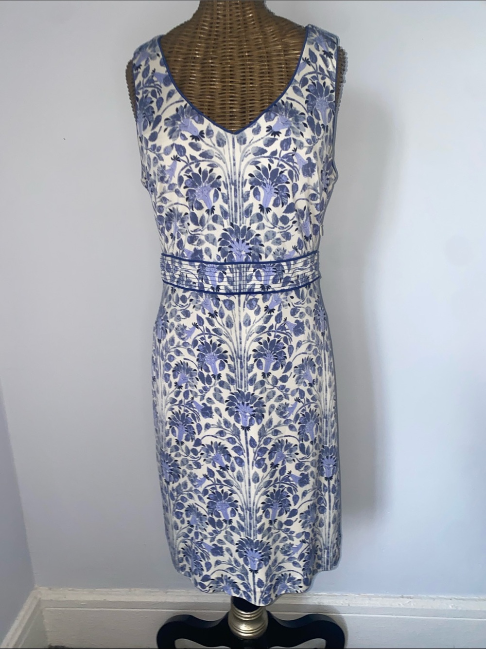 Tory Burch Blue and White Floral V-Neck Midi Dress